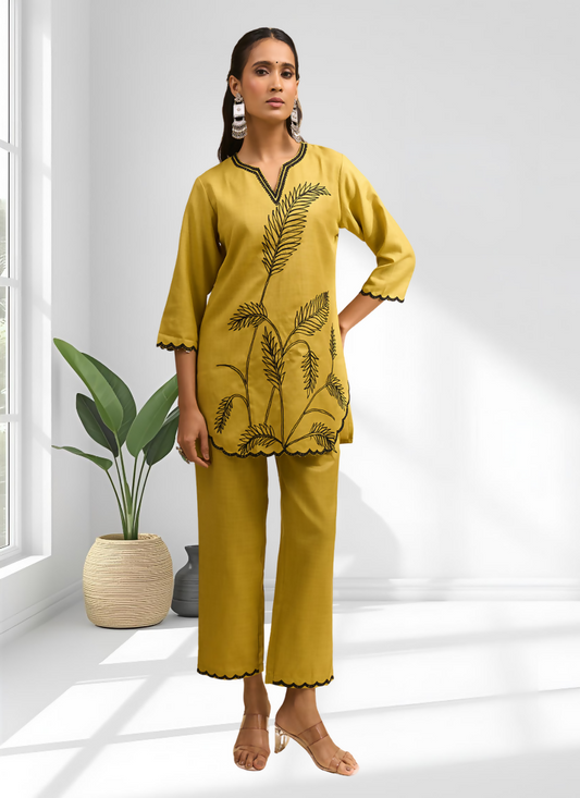 Joban Fashion Yellow Cotton, Linen Embroidered Readymade Cord Set