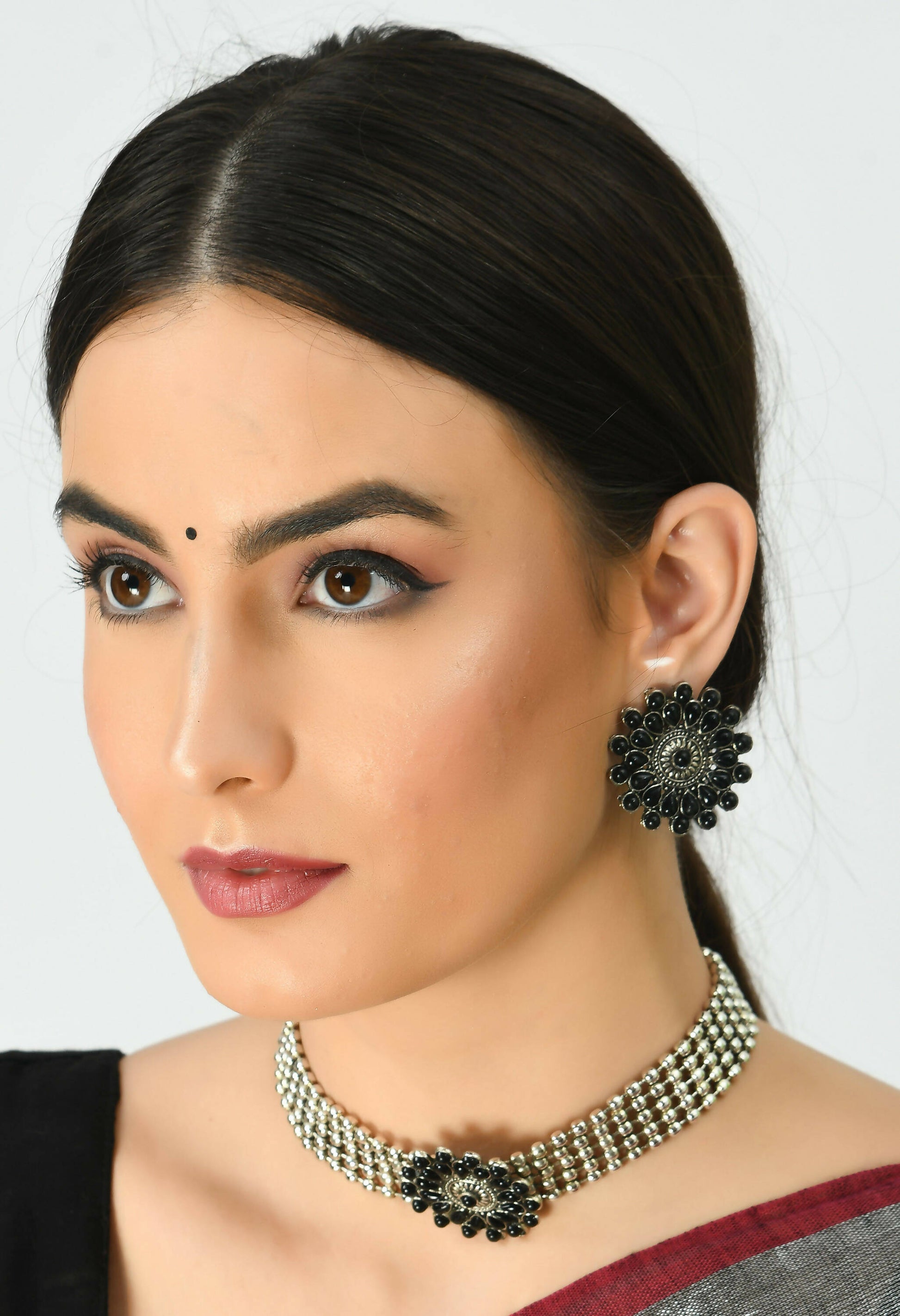 Mominos Fashion Johar Kamal Oxidised Silver-Plated Brass Finish Kundan Choker For Women (Black) - Grab2buy
