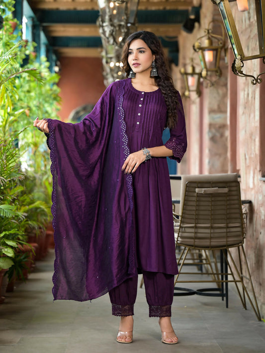 Juniper Women's Plum Thread Embroidered Liva Rayon Kurta Set With Buttons & Mirror Work