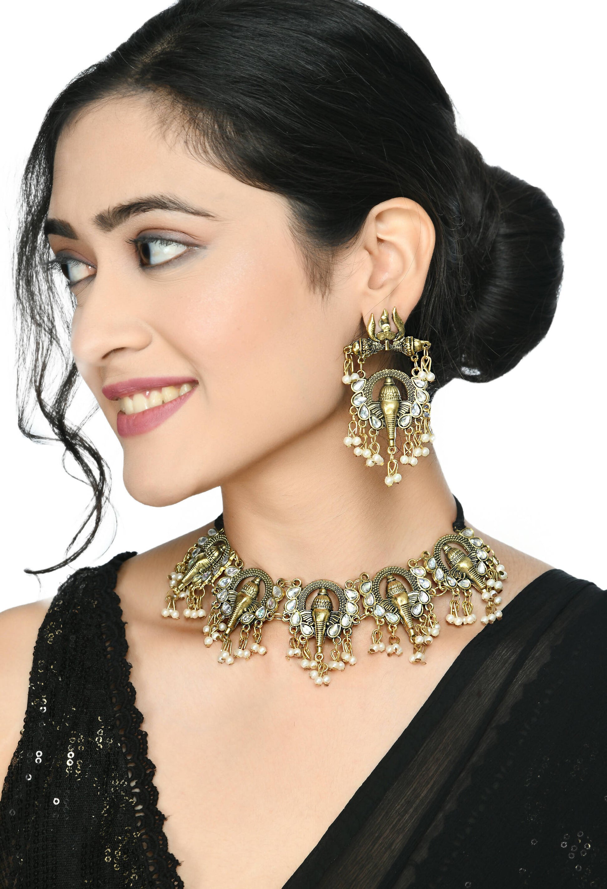 Mominos Fashion Johar Kamal Oxidised Gold-Plated Ganesha Design Necklace Choker Set - Grab2buy