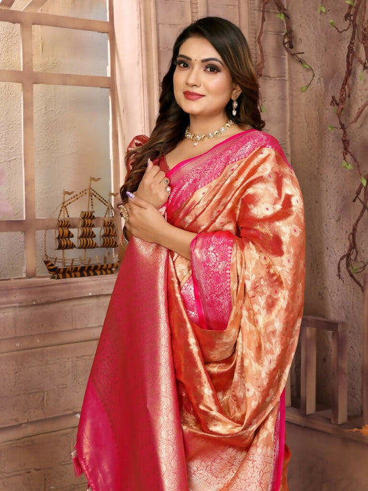 Anaita Orange Tissue Silk With Zari Weaving Saree With Blouse