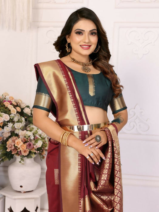 Anaita Brown Soft Silk With Zari Weaving Borders Saree With Blouse