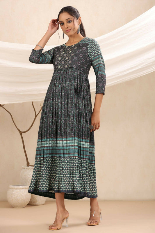 Juniper Bottle Green Muslin Festive Printed Flared Dress For Women