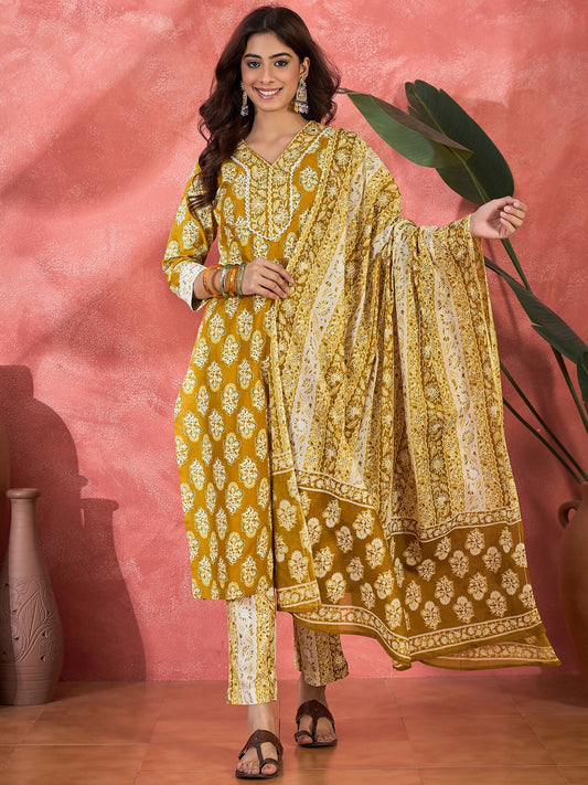 Joban Fashion Printed Mustard Pure Cotton Kurta Set