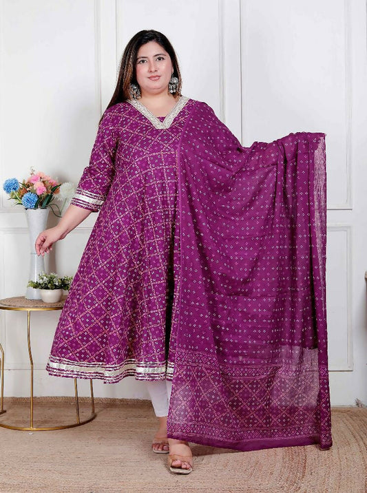 Miravan Plus Size Women'S Embroidered Bandhani Ethnic Anarkali Kurta And Dupatta