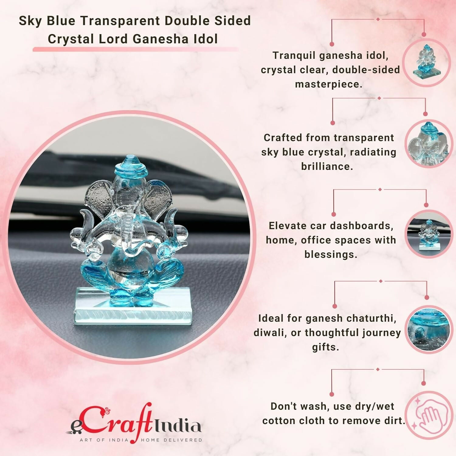 eCraftIndia SkyBlue and Transparent Double Sided Crystal Car Ganesha Showpiece - Grab2buy