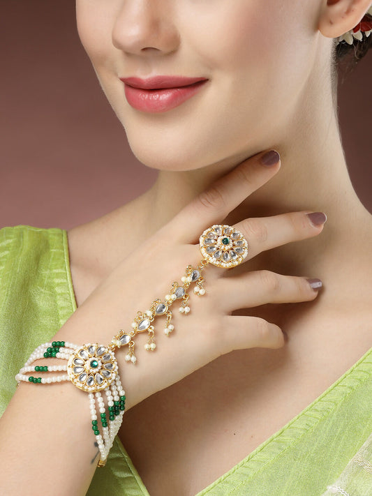 NVR Women's Green Gold-Polished Stone Studded Handcrafted Ring Bracelet | Grab2Buy