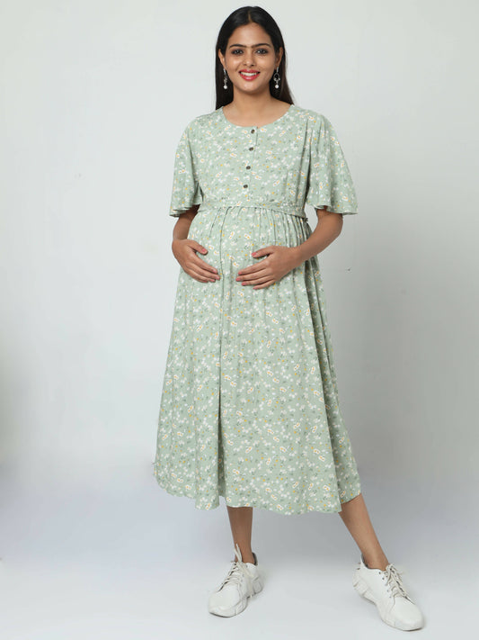 Manet Frill Slevees Maternity Dress Floral Print With Concealed Zipper Nursing Access - Green
