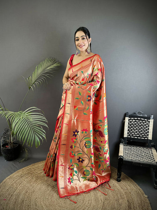 Joban Fashion Pink Floral & Potentially Peacock Soft Silk Paithani Saree