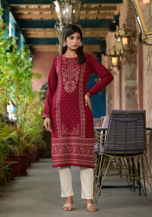 Juniper Women's Maroon Ethnic Motif Printed Polycotton Kurta