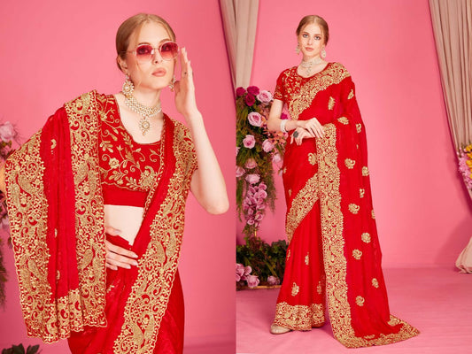 PR Fashion Red Fendi Two Tone Silk Heavy Zari Embroidery Work With Heavy Zircon Work Saree