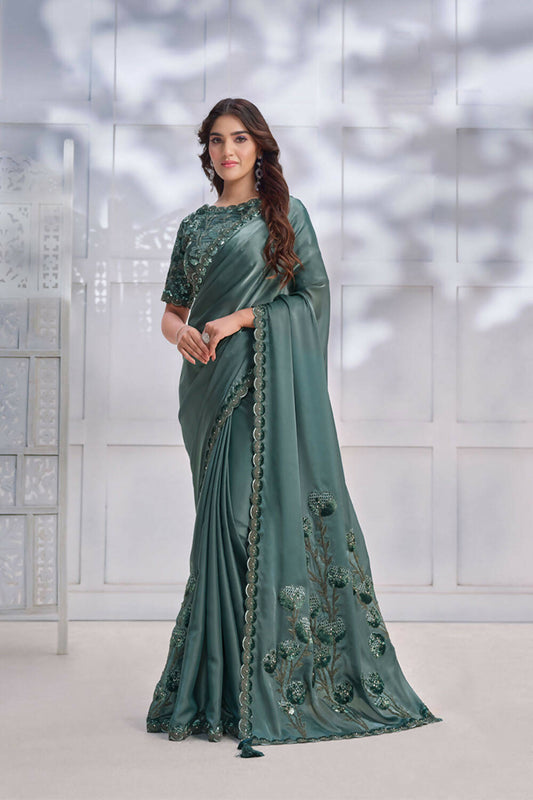Sea Green Crepe satin silk Cord & Sequence Embroidered with Stone work Saree - Mohmanthan Majestica