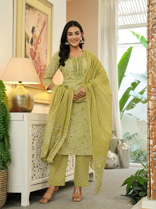 Yufta Green Pure Cotton Thread Work Sequins Work Kurta Dupatta Pant Set