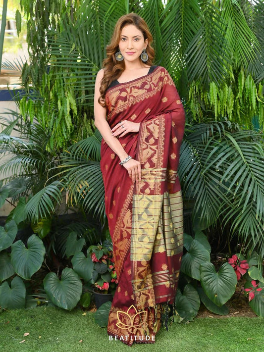 Exclusive Collection Beautiful Brown Pure Cotton Woven Handloom Grab2Buy With Running Blouse Piece