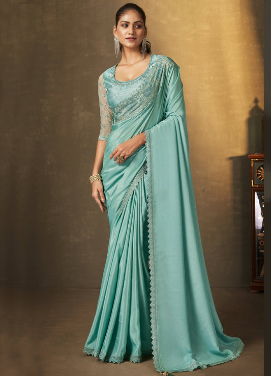 Light Blue Crepe Georgette Silk Embroidered with Swaroski Work Saree With Unstitched Blouse Piece - Norita Royal Erisha