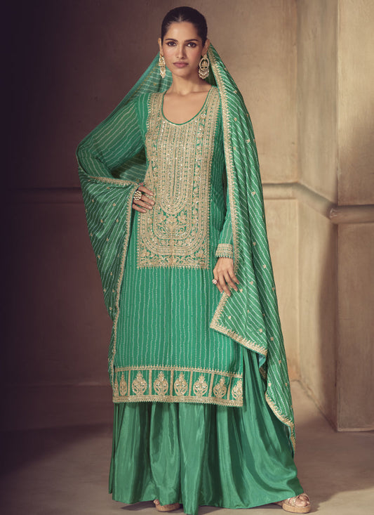 Vegaa Fashion Bottle Green Chinon Silk Embroidered Designer Sharara Suit Grab2Buy Vegaa Fashion Grab2Buy