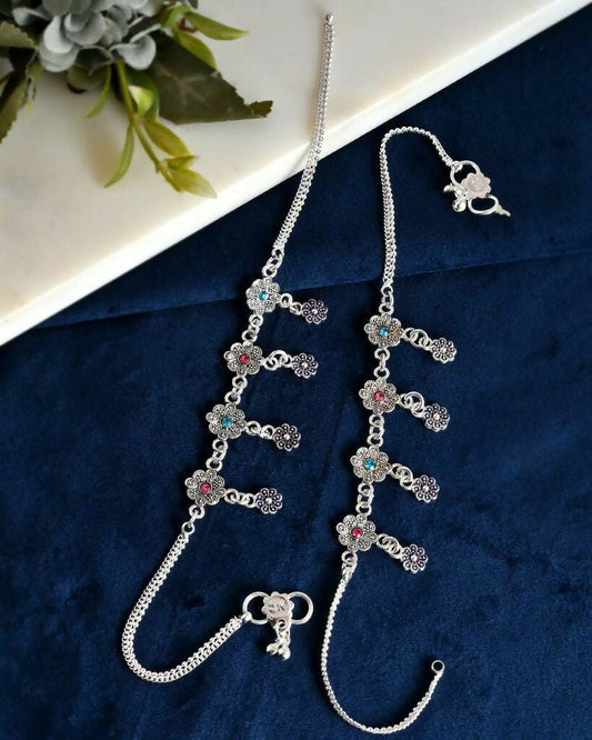 VOJ Set of 2 Silver Plated Flower Shaped Meenakari Anklet