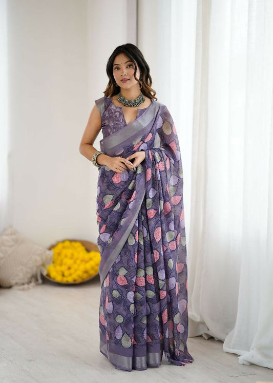 PR Fashion Lavender Linen Patta Printed Saree