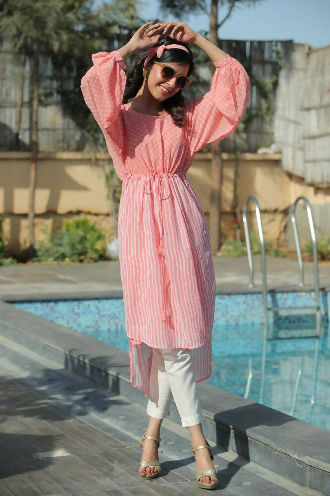 Juniper Women Peach Georgette Bandhani High-Low Tunic - Grab2buy