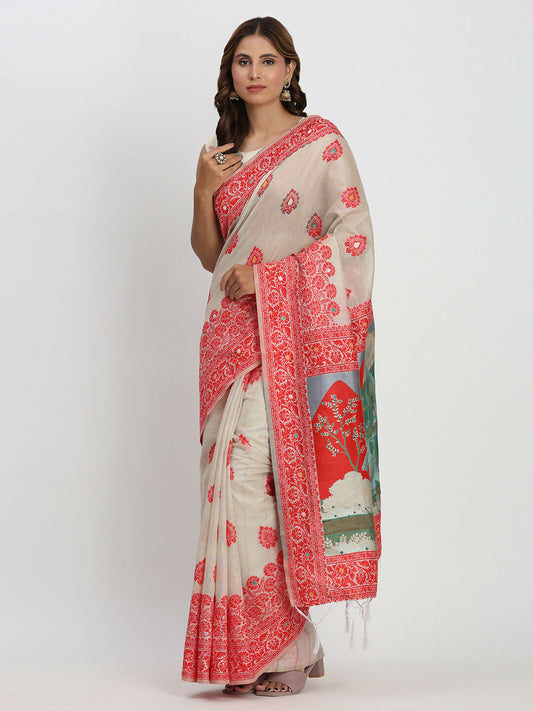 Shree Shyam Fashion Linen Cotton Cream & Red Saree