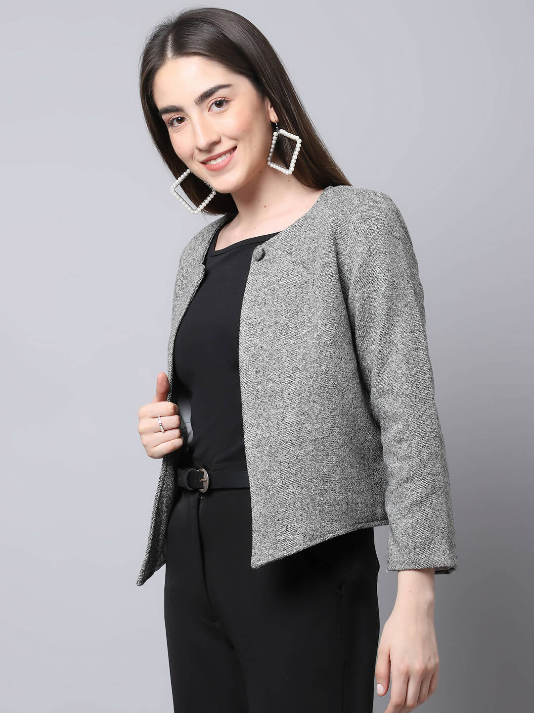 Even Apparels Grey Pure Wool Open Front Statement Women's Jacket - Grab2buy
