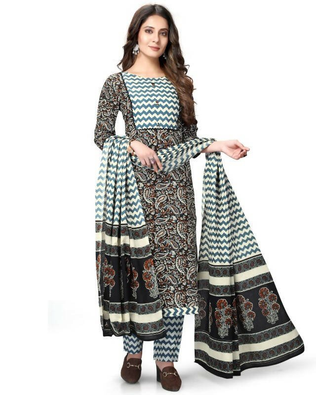 Aastha Fashion Women's Multicolor Cotton Jaipuri Printed Kurta with Trouser & Dupatta - Grab2buy
