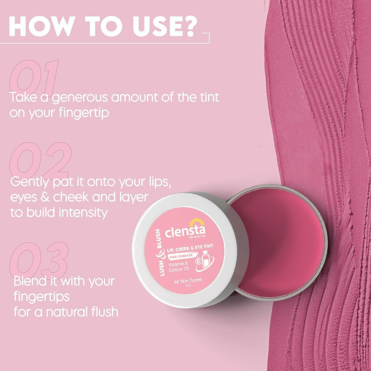 Clensta Lip Cheek Tint - Pink Forever, with Goodness of Vitamin E & Castor Oil - Grab2buy