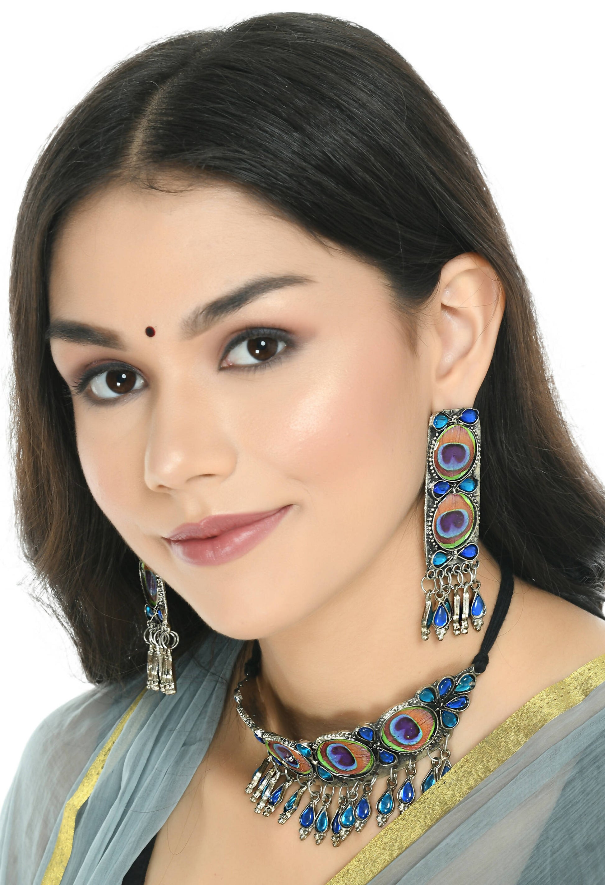 Mominos Fashion Johar Kamal Oxidised Silver-Plated Brass Finish Peacock Wings Choker For Women - Grab2buy