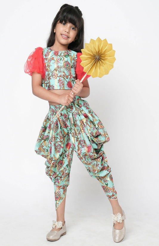 Lil Drama Golden Weaves Blue Crop Top With Dhoti Co-Ordinate Set