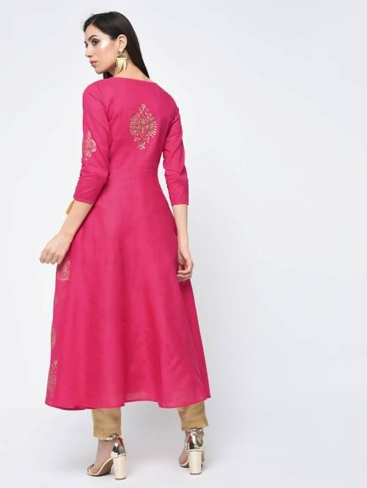 Aniyah Cotton Block Printed Angrakha Kurta Fuchsia (AN-132K)