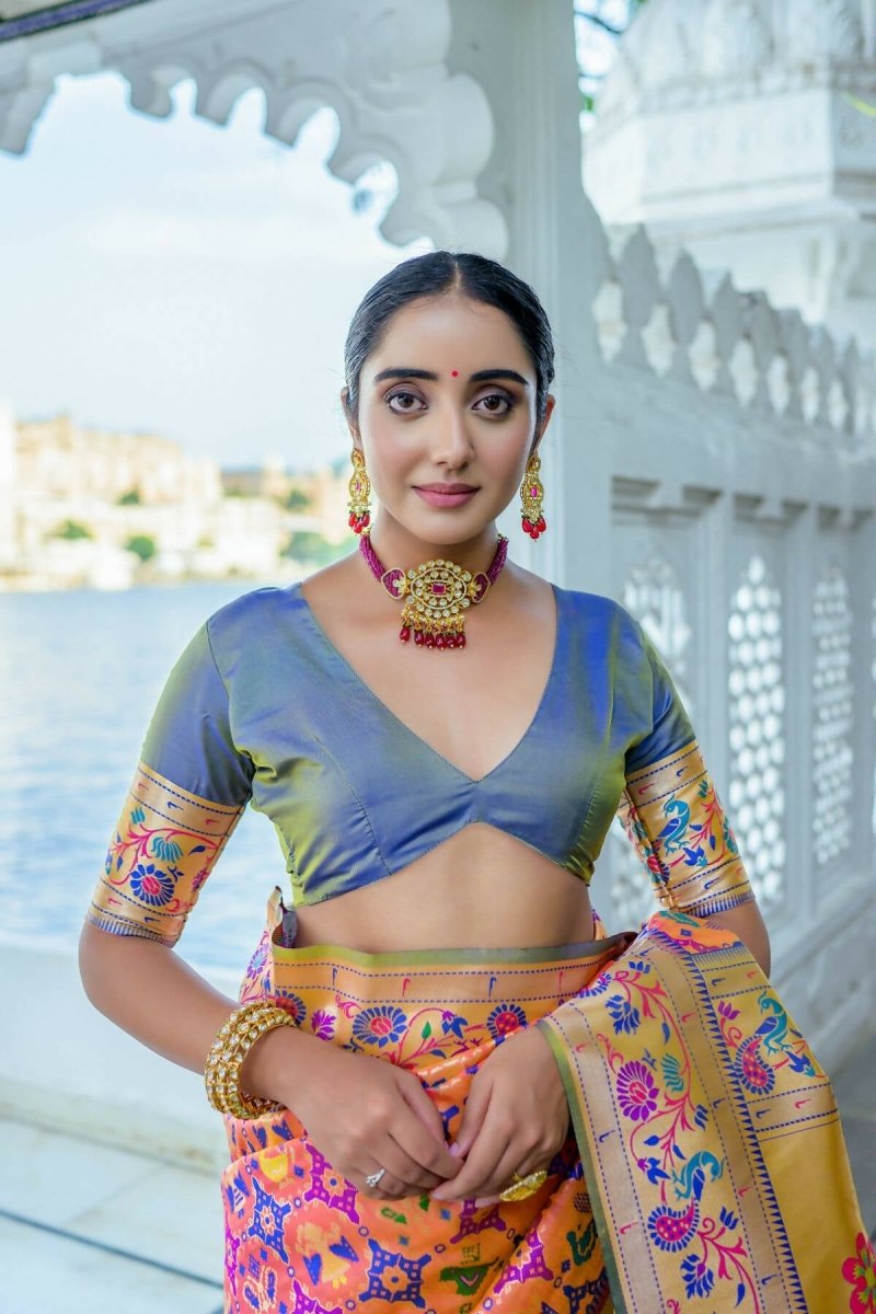 Aastha Fashion Peach Woven Paithani Silk Saree with Blouse - Grab2buy