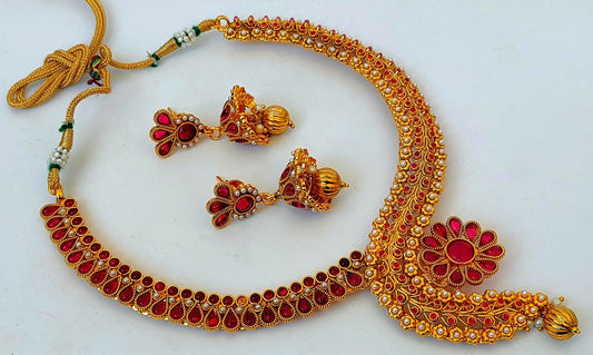 Pink Kemp Necklace With Jhumkas - Grab2buy