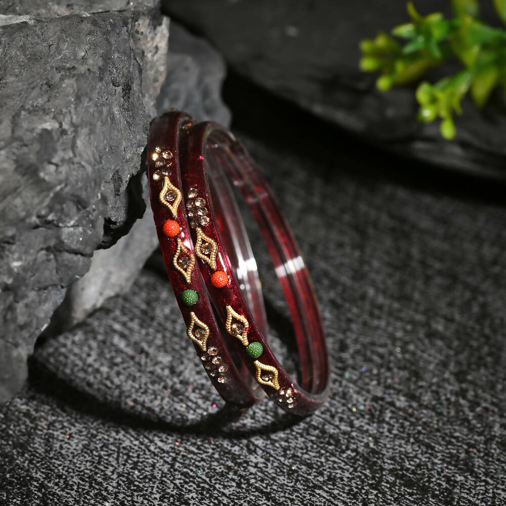 Afast Designer Fancy Party Bangle/ Kada Set, Maroon, Glass, Pack Of 8 - Grab2buy