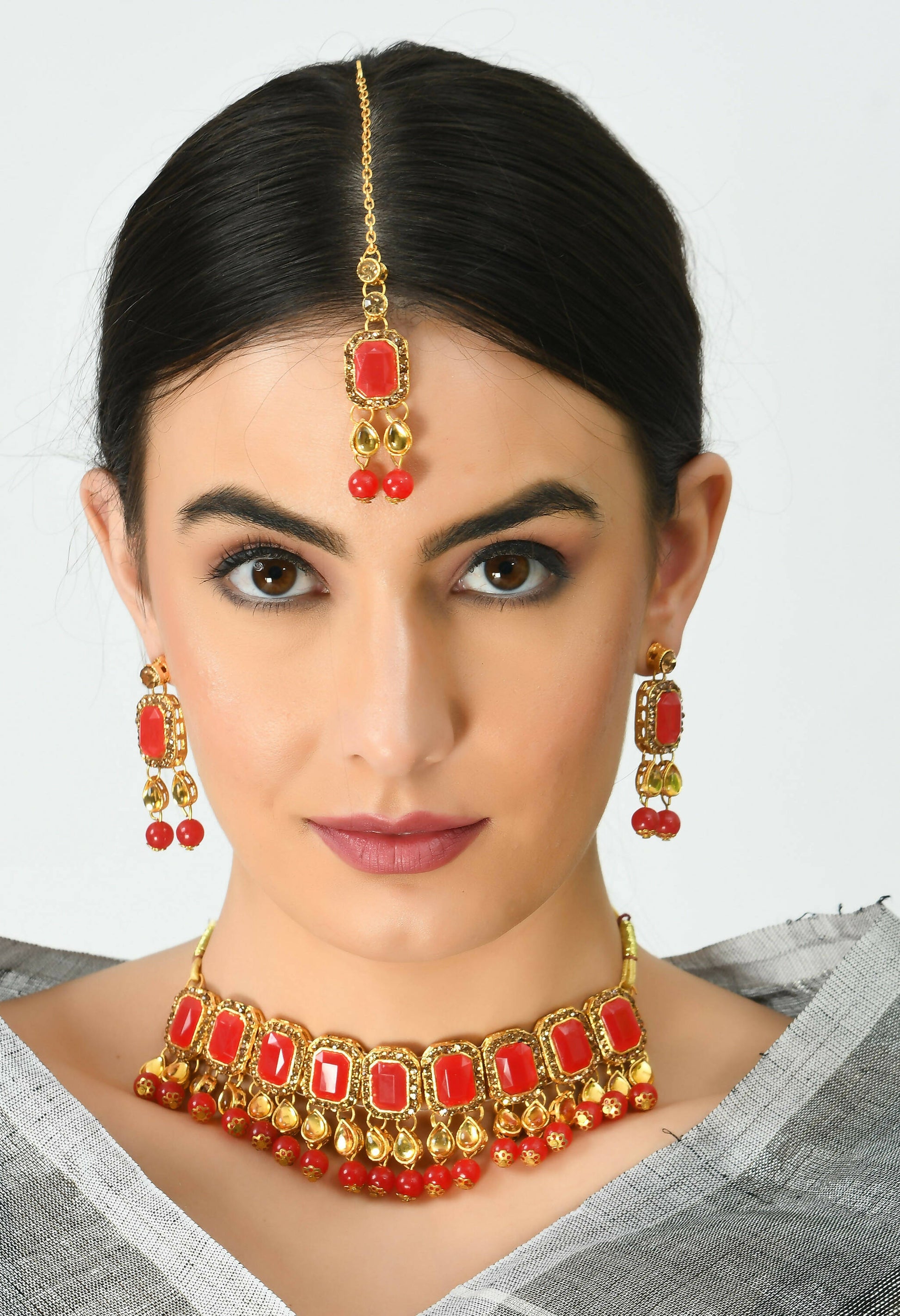 Mominos Fashion Johar Kamal Gold-Plated Brass Finish Kundan/Pearls Choker For Women (Red) - Grab2buy