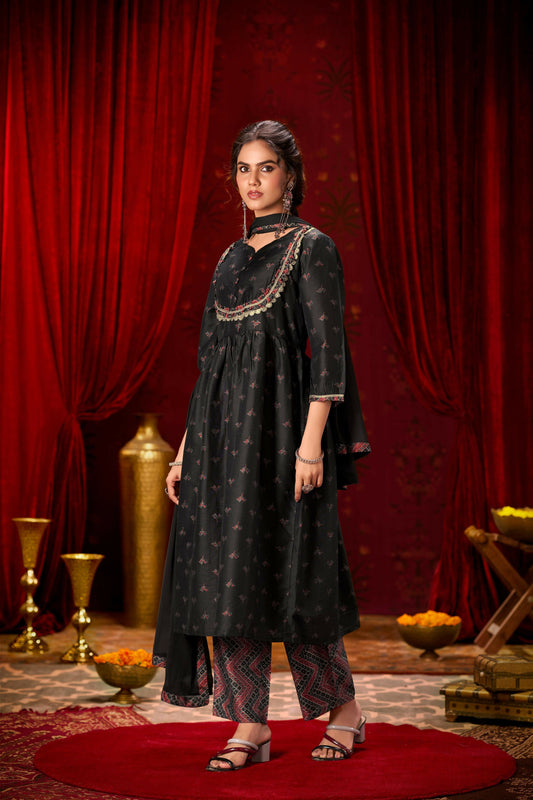 BulBul Black Ajrakh Print Chanderi Silk Kurta Set with Dupatta