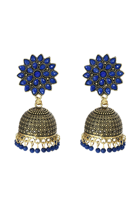 Mominos Fashion Johar Kamal Kundan Work Jhumka With Blue Beads For Women