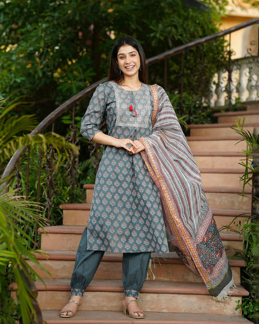 Juniper Women's Grey Cotton Printed Straight Kurta Pant Dupatta Set