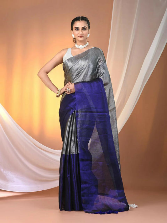 Exclusive Collection Beautiful Gray Blue Tissue Silk Hand Weaving Handloom Grab2Buy With Running Blouse Piece