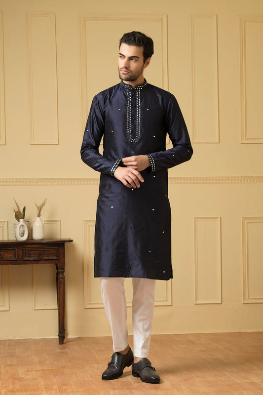 Mid Night Blue Silk Mirror Kurta by Hilo Design