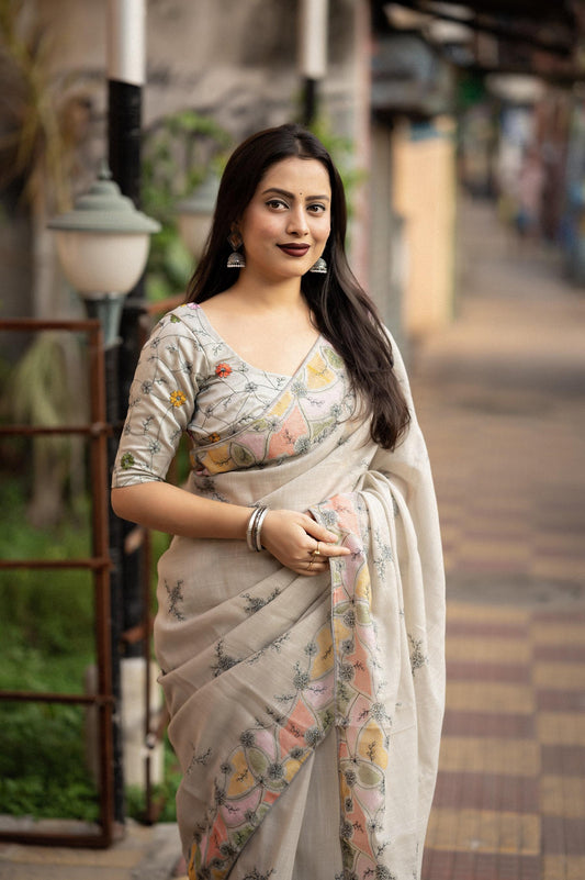 Grey Pure Linen Ethnic Motifs Saree with Unstitched Blouse - Hiral Fashion