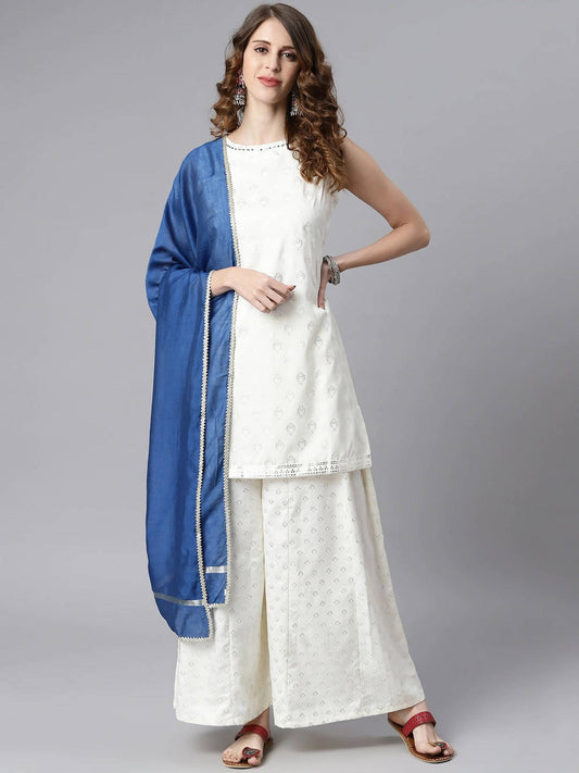 Janasya Women Off White & Silver Printed Kurta with Palazzos & Dupatta