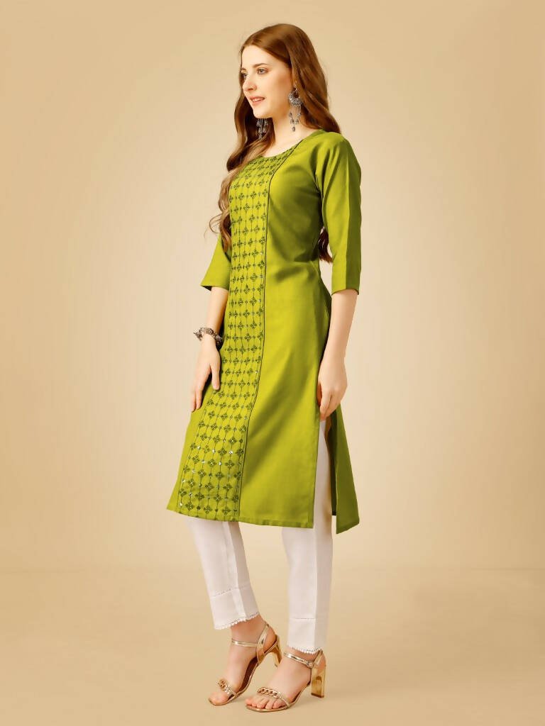Aastha Fashion Women's Green Cotton Blend Embroidered Kurta Pant Set - Grab2buy