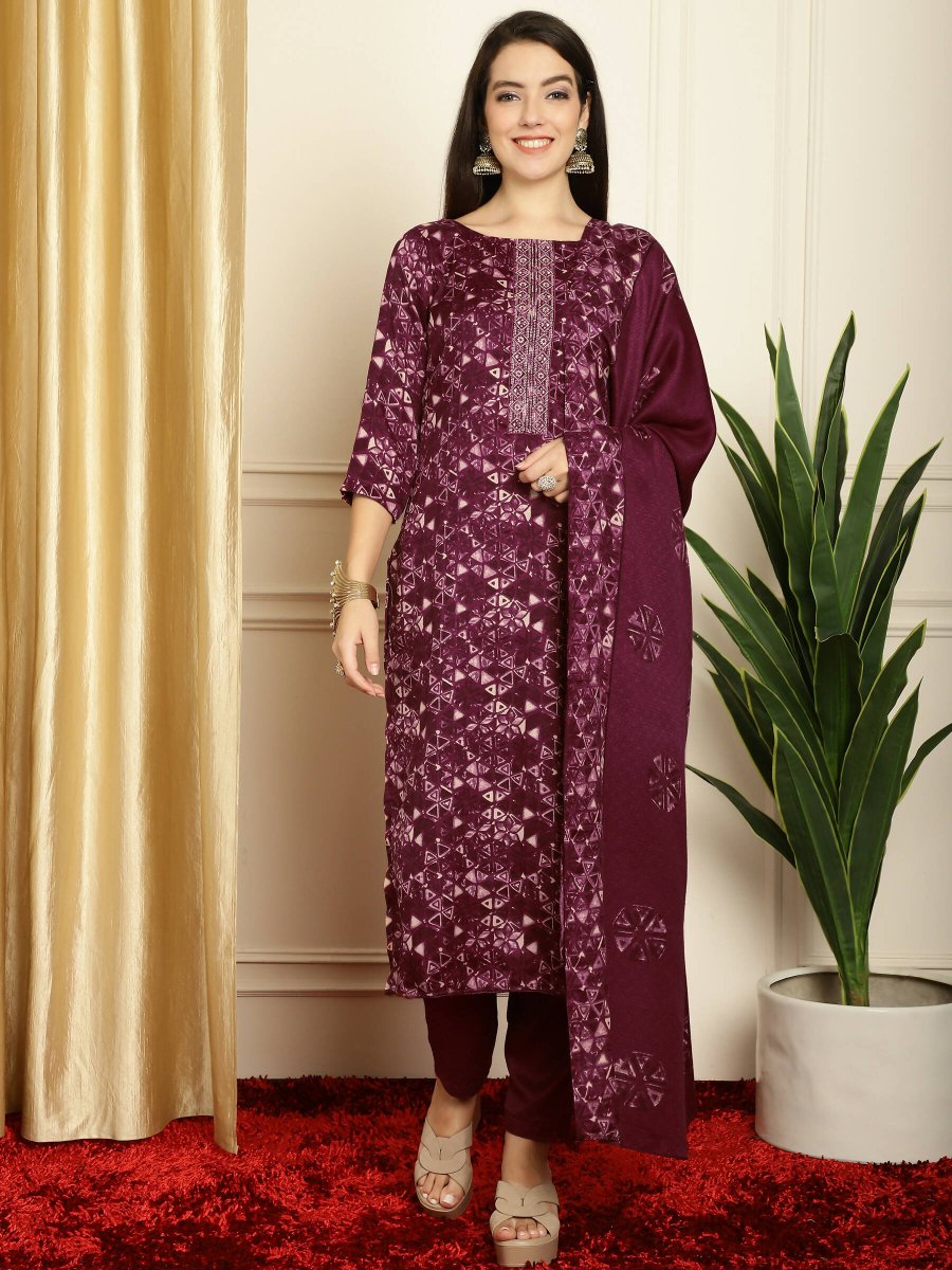 Aastha Fashion Women's Wine Pashmina Floral Digital Printed Kurta with Trouser & Dupatta - Grab2buy