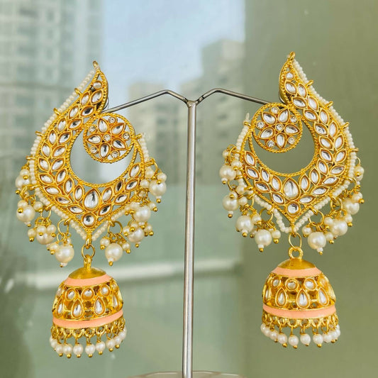 Beige Gold-Polished Peacock Design Brass Kundan Stone Handcrafted Jhumka Latkan Earrings For Women And Girls By House of Ree House of Ree