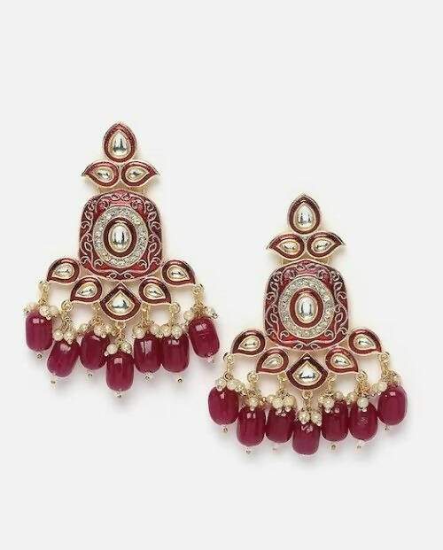 Gold-Toned Maroon Kundan Contemporary Drop Earrings for Women & Girls By House of Ree - Grab2buy