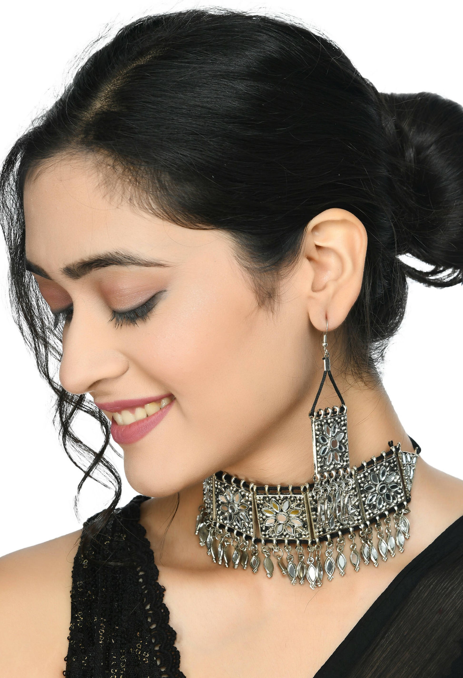 Mominos Fashion Johar Kamal Women Silver-Plated Brass Finish Mirror Work Choker - Grab2buy