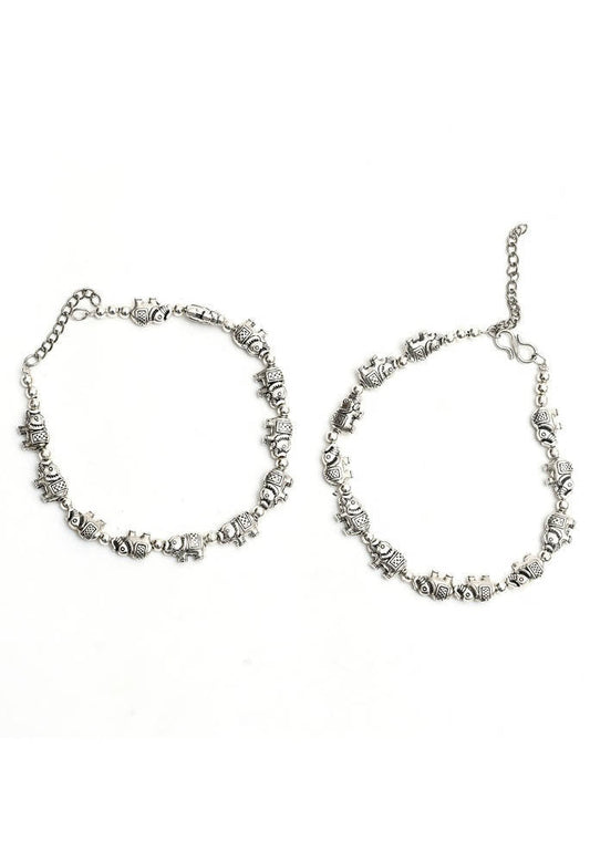 Mominos Fashion Kamal Johar Oxidised Elephant Design Silver Anklets