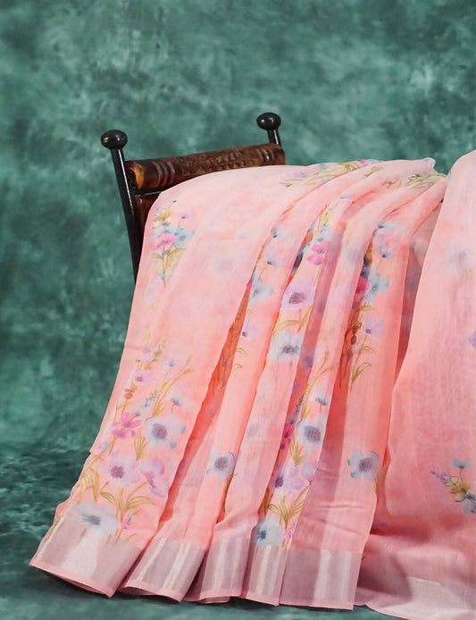 Baby Peach Floral Print Semi Chanderi Grab2Buy By Gayathri Reddy Designer Studio