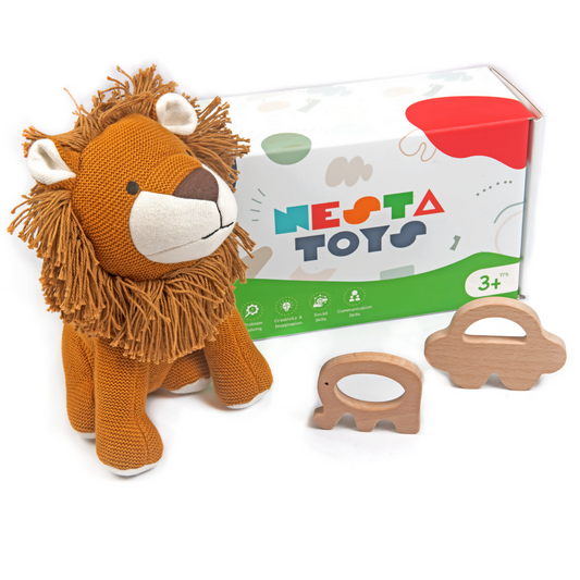 Nesta Toys Newborn Gift Set - Lion Plush Toy, Wooden Elephant & Car Teether
