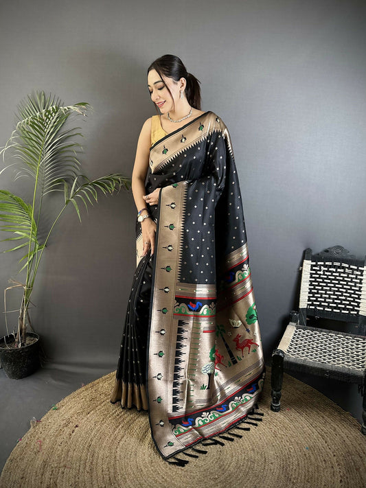 Joban Fashion Black Peacock & Floral Motifs Soft Lichi Silk Kanchipuram Saree
